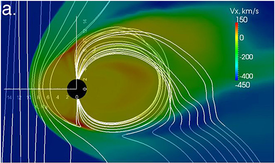 Simulation showing an example of hemispheric asymmetries in geospace.
