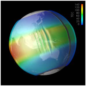 Ionospheric irregularities at the equator called "Equatorial Spread F." These can lead to plasma bubbles that disrupt GPS. Image by Joe Huba at the Naval Research Lab.