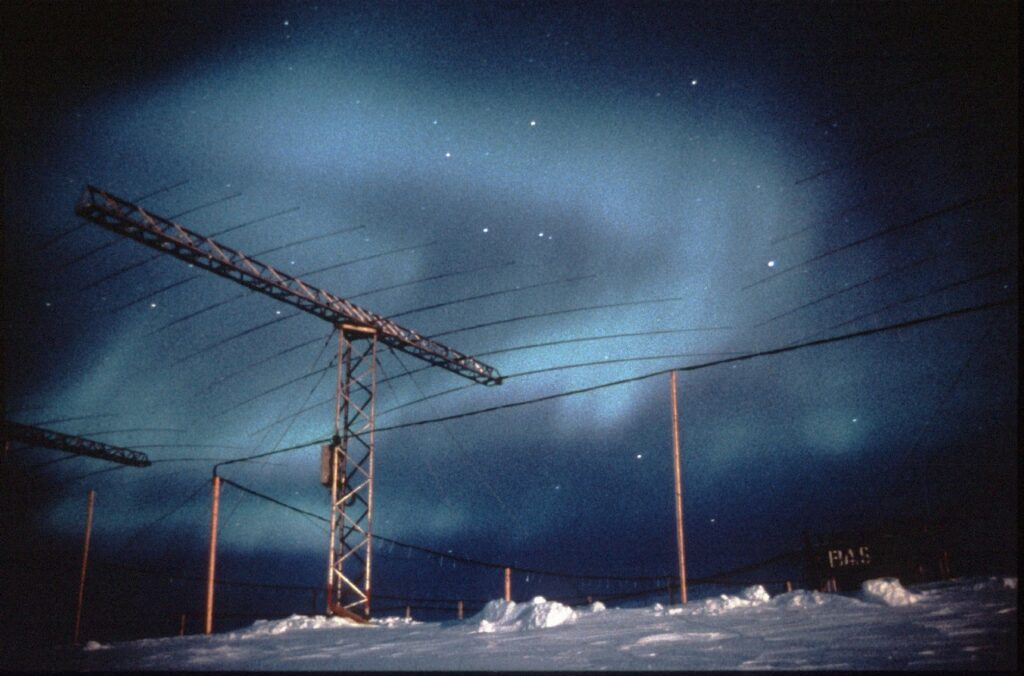The same Halley Station radar with aurora borealis. Courtesy the British Antarctic Survey.